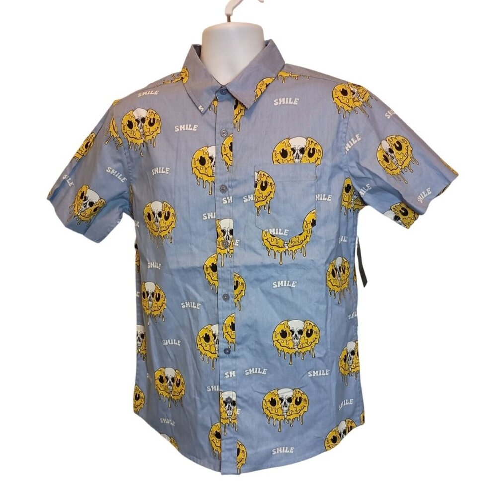 RF Brand Smile Skull Short Sleeve Collar Button Down Shirt Men's Sz . M
